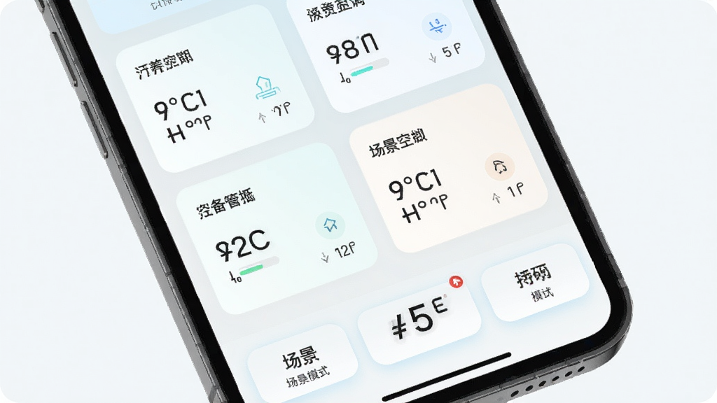 手机控制空调多设备管理界面示意图,画面展示手机屏幕上有多个空调卡片排列,每个卡片显示不同房间名称和温度状态,底部有场景模式快捷按钮,风格清新浅色,布局规整,画质干净无杂乱元素