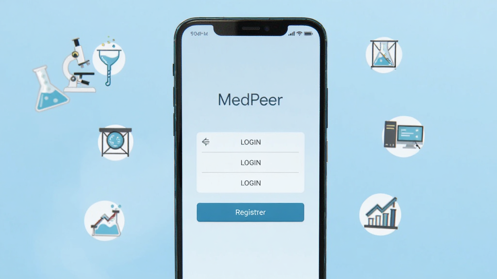 一个安卓手机屏幕展示MedPeer应用的启动界面,界面上有登录框和注册按钮,背景是淡蓝色渐变,手机周围有科研相关的图标漂浮,风格简洁,画质清晰,干净,无多余元素