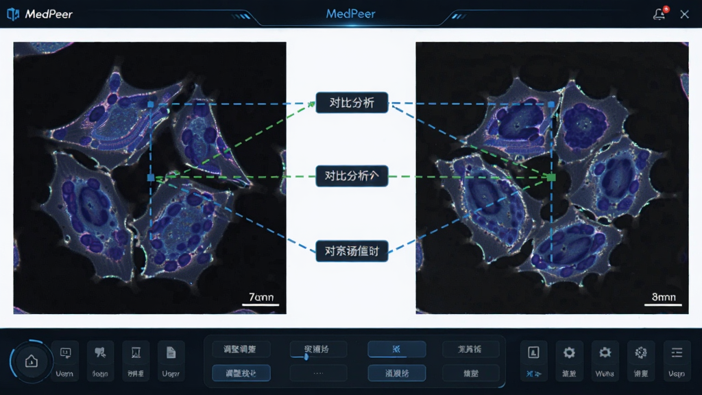 MedPeer图片对比功能界面,画面中左右两侧各显示一张实验细胞显微图片,中间有对比分析标注线,底部有调整参数的控制面板,整体风格科技感强,界面简洁,画质清晰,无多余元素