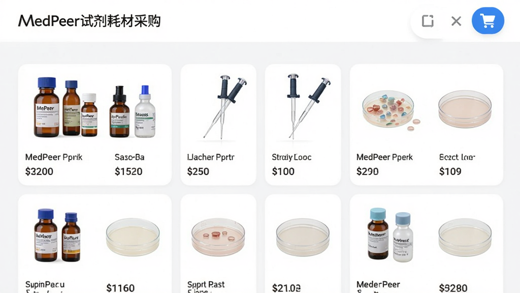 MedPeer试剂耗材采购页面展示,画面中有各种实验试剂瓶、移液管、培养皿等产品的列表展示,每项产品配有图片和价格信息,界面清爽,购物车图标醒目,风格现代简约,画质清晰,干净,无多余元素