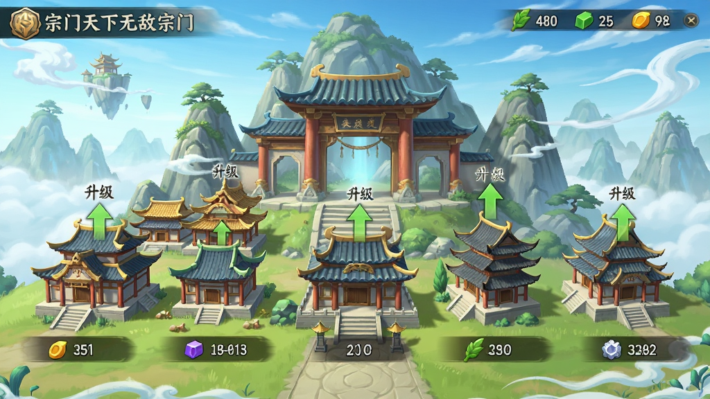我的宗门天下无敌宗门建设界面,画面中展示多个不同等级的建筑排列在山门之中,建筑上方显示升级箭头和资源图标,界面简洁清晰,国风仙侠风格,色彩明亮,画质干净,无多余元素