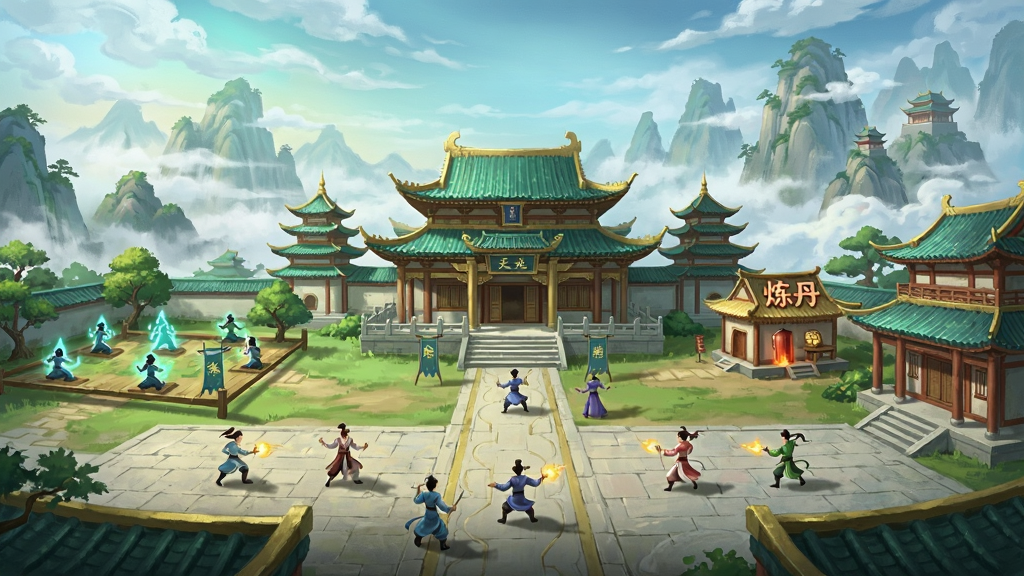我的宗门天下无敌游戏主界面全景展示,画面中央是气势恢宏的宗门大殿,两侧分布着修炼场、炼丹房、藏经阁等建筑,多名弟子在广场上修炼,远处云雾缭绕的仙山若隐若现,整体采用国风仙侠美术风格,色调以青绿与金色为主,细节丰富,画质清晰,干净无多余元素