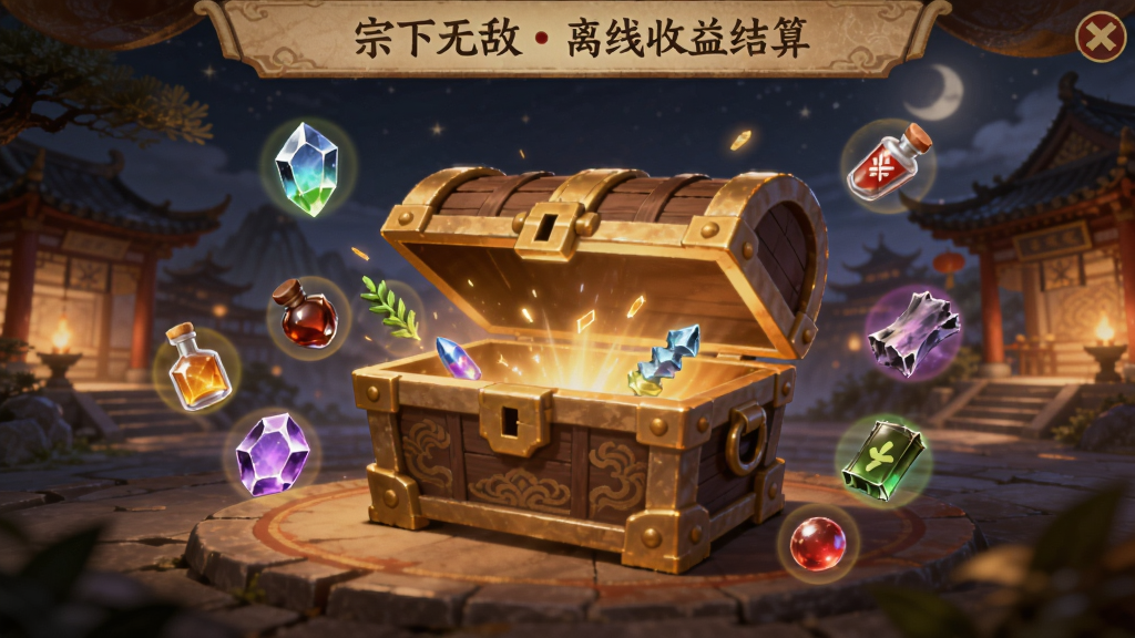 我的宗门天下无敌离线收益结算界面,画面中央显示一个巨大的宝箱正在打开,周围漂浮着灵石、丹药、材料等资源图标,背景是温馨的宗门夜景,国风仙侠风格,色彩温暖,画质清晰,无多余元素