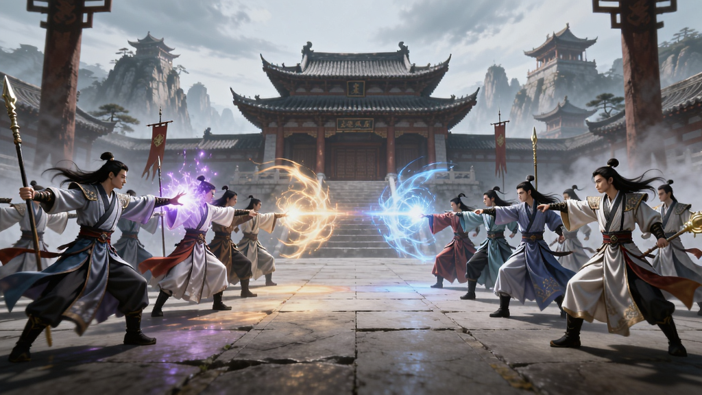 我的宗门天下无敌宗门对战场景,画面展示两支修仙弟子队伍在擂台上对峙,双方释放华丽的技能特效,背景是宏伟的宗门演武场,国风仙侠美术风格,光影效果丰富,画质清晰,干净无多余元素