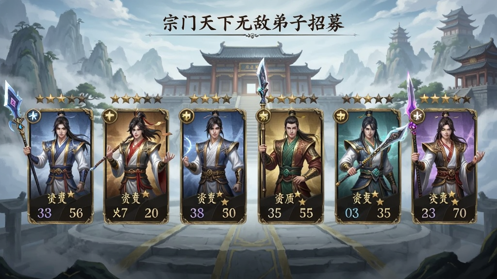 我的宗门天下无敌弟子招募界面,画面展示多位不同职业的修仙弟子卡牌排列,每位弟子有独特的服饰和武器,卡牌上方显示资质星级和属性数值,背景为仙气飘飘的宗门场景,国风美术风格,画质清晰,干净整洁