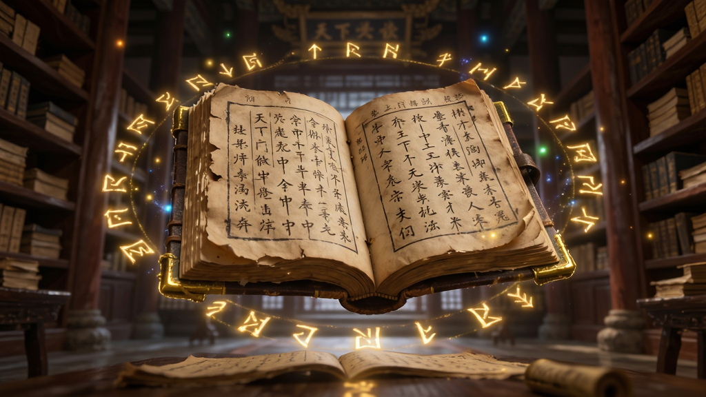 我的宗门天下无敌功法修炼界面,画面展示一本打开的古老功法秘籍悬浮在空中,周围环绕着金色符文和灵气光点,背景是古朴的藏经阁内部,国风仙侠风格,细节精致,画质清晰,无多余元素