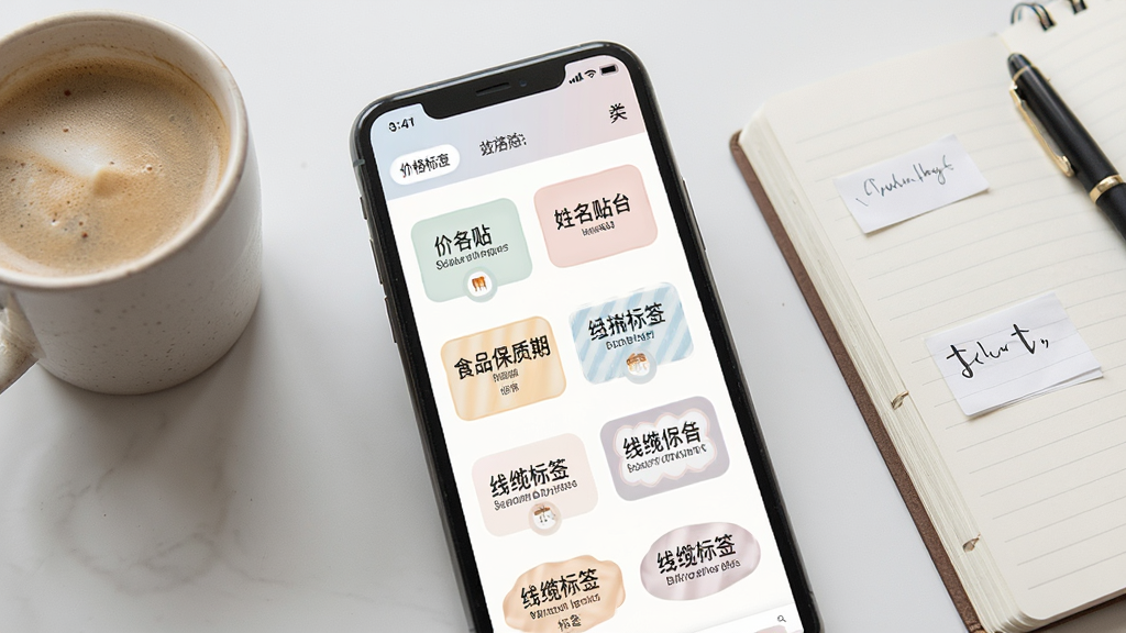 一张展示小标打印模板库界面的手机截图风格图片,画面中手机屏幕显示着分类清晰的标签模板列表,包含价格标签、姓名贴、食品保质期标签、线缆标签等多种样式缩略图,界面色彩柔和,排版整齐,手机旁边放着一杯咖啡和一本笔记本,整体氛围轻松办公,画质清晰,干净无杂物