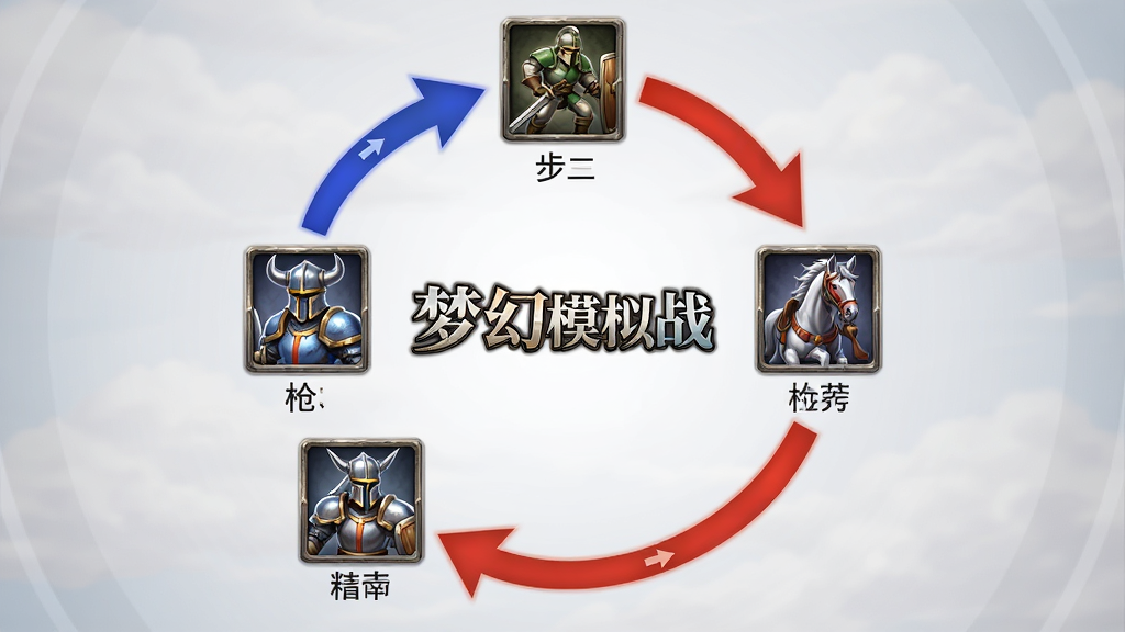 画面主体为梦幻模拟战中的兵种克制关系图,布局采用圆形循环箭头展示步兵、枪兵、骑兵之间的克制链,排版简洁明了,风格为游戏UI信息图,细节包括兵种图标、箭头颜色区分、文字标注,画质高清,干净,无多余元素,画面中带有文字“梦幻模拟战”