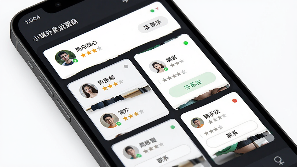 小镇外卖运营商端商户与骑手管理列表,画面主体为手机屏幕,屏幕内展示商户头像列表与骑手在线状态卡片,布局采用卡片式网格排列,风格为简约商务风,细节包含评分星级、联系按钮与状态指示灯,画质高清,干净整洁,无多余元素