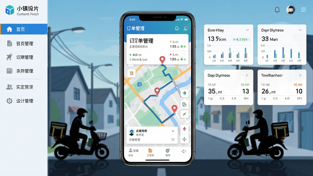 小镇外卖运营商端软件主界面截图,画面中心展示手机屏幕,屏幕内显示订单管理仪表盘与地图轨迹,背景为乡镇街道与外卖骑手剪影,布局采用左右分栏,左侧为功能菜单,右侧为实时数据卡片,风格为现代扁平化科技风,细节包含清晰的图标、数据图表与骑手定位点,画质高清,干净整洁,无多余元素