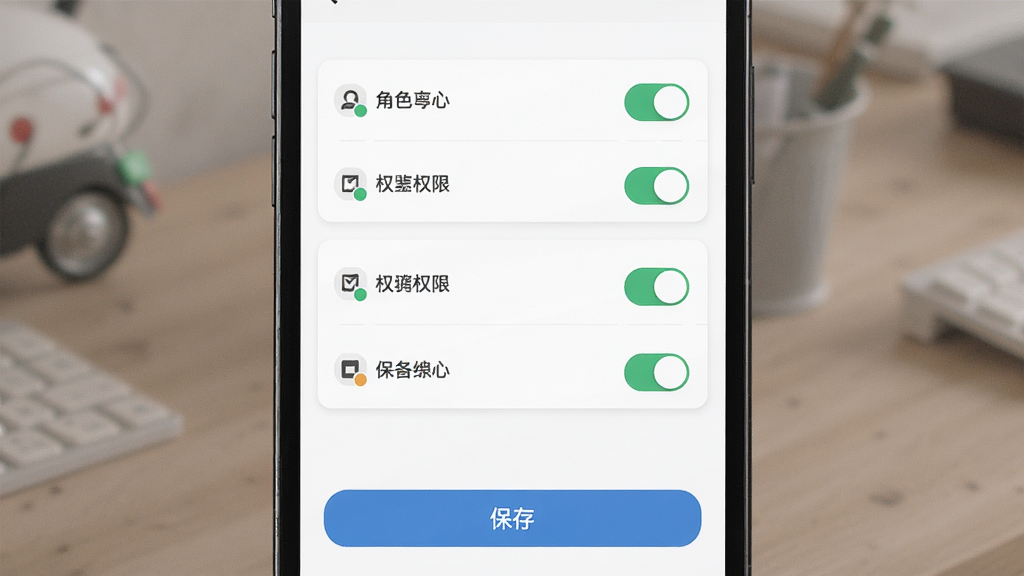 小镇外卖运营商端权限分配界面,画面主体为手机屏幕,屏幕内显示角色列表与权限勾选框,布局采用列表式排列,风格为极简商务风,细节包含角色名称、权限开关与保存按钮,画质高清,干净整洁,无多余元素