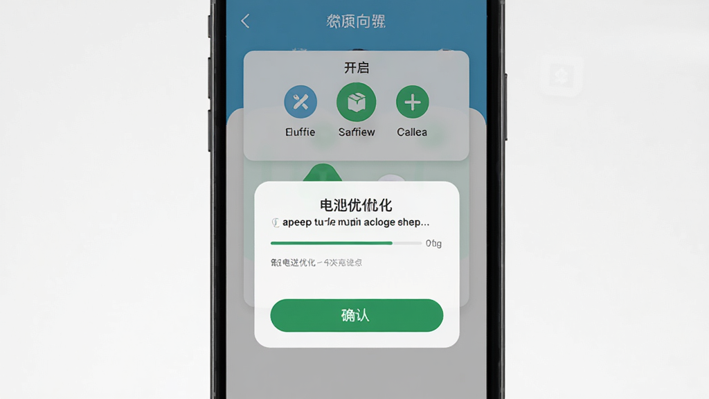 小镇外卖运营商端新手设置引导页面,画面主体为手机屏幕,屏幕内显示权限开启向导与电池优化提示弹窗,布局采用居中卡片式,风格为清新扁平风,细节包含权限图标、进度条与确认按钮,画质高清,干净整洁,无多余元素