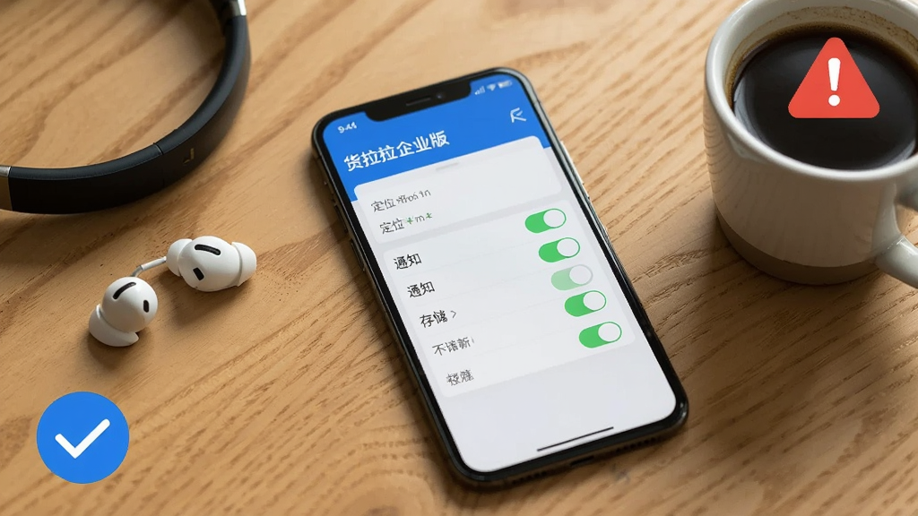一部手机平放在桌面上,屏幕显示“货拉拉企业版”的权限设置页面,页面上有定位、通知、存储等开关按钮。手机旁边放着一副耳机和一杯咖啡,背景是木质桌面。画面右上角有一个红色的警告图标,左下角有一个蓝色的对勾图标。整体风格写实简洁,画质清晰,无多余元素。