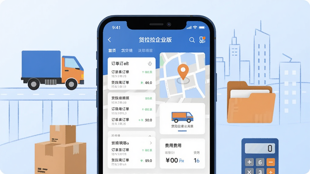 画面中央放置一部智能手机,手机屏幕上显示“货拉拉企业版”APP的主界面,界面中包含订单列表、地图定位、车辆图标和费用统计卡片。手机两侧分布着货车、纸箱、文件夹和计算器图标,背景是浅蓝色渐变与城市道路简笔线条。整体采用扁平化商务插画风格,色彩以蓝、白、橙为主,细节清晰,画质干净,无多余元素。
