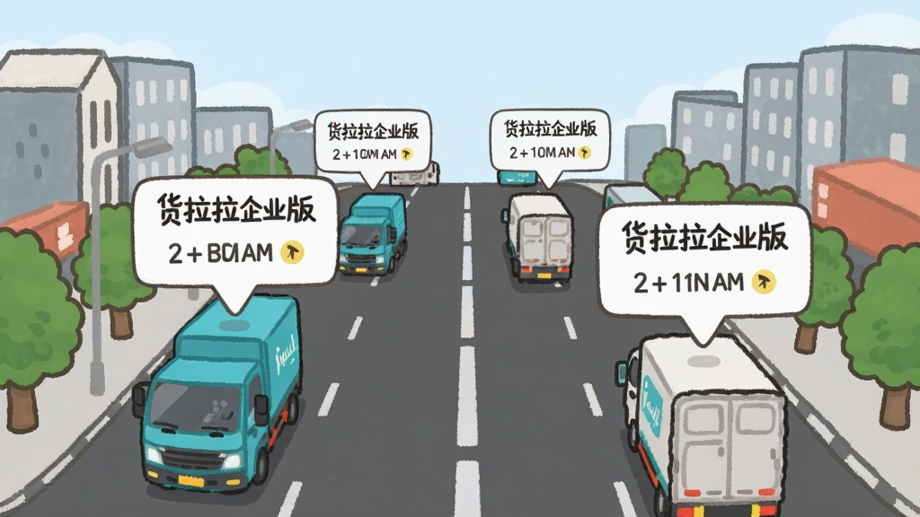 一张横向宽幅插画,画面中是一条城市道路俯视图,道路上有多辆货拉拉货车,每辆车上方都有一个悬浮的信息气泡,显示“货拉拉企业版”字样和预计到达时间。道路两侧有建筑物和树木的简笔轮廓,背景是淡蓝色天空。整体采用信息图表风格,色彩明快,画质干净,无多余元素。