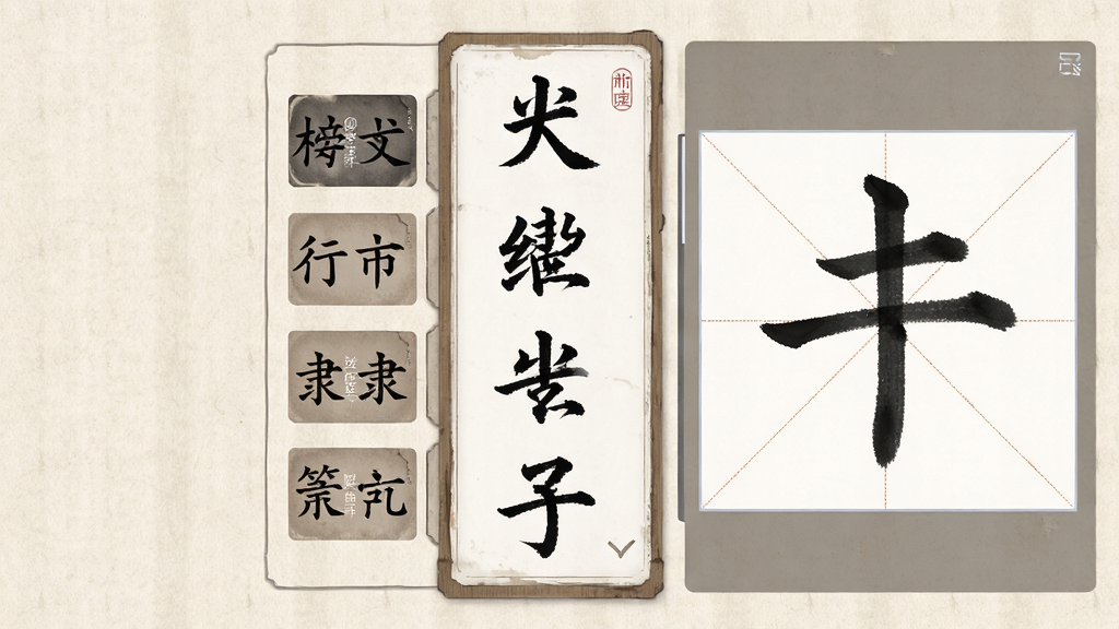 书法笔划造字软件主界面展示,画面中央为竖排书法笔画选择面板,左侧为楷书行书隶书篆书分类标签,右侧为田字格书写预览区,背景为浅米色宣纸纹理,界面风格古朴素雅,细节清晰,画质干净无多余元素