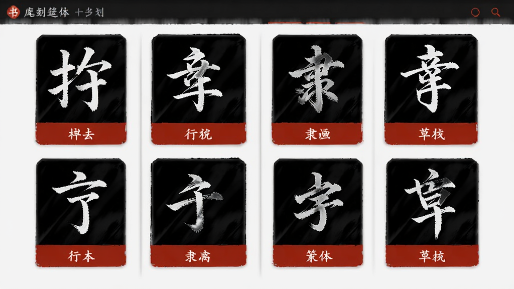 书法笔划造字多书体笔画库界面,屏幕中分栏展示楷书行书隶书篆书草书五种书体的笔画缩略图,每种书体下方标注笔画名称,界面采用卡片式布局,配色以墨黑与朱红为主,背景简洁,画质清晰,无多余装饰元素