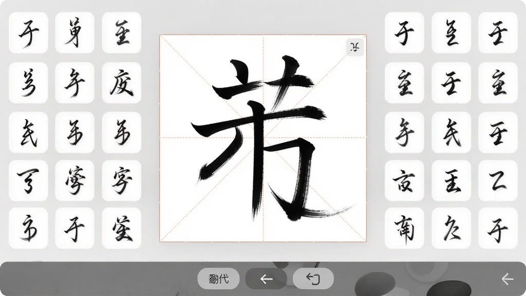 书法笔划造字自由拼字编辑界面,田字格中央展示一个由笔画组合而成的汉字,四周散落待选笔画,底部工具栏显示撤销重做翻转按钮,界面风格简洁现代,线条细腻,画质干净,无多余元素