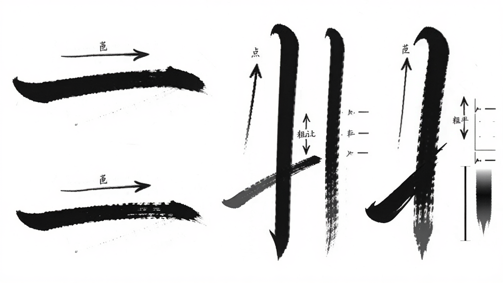 书法笔划造字笔画粗细变化示意图,画面中并列展示横竖撇捺四种笔画的起笔行笔收笔细节,每种笔画旁标注力度变化箭头与粗细对比,背景为白色,线条清晰,画质干净,无多余文字装饰