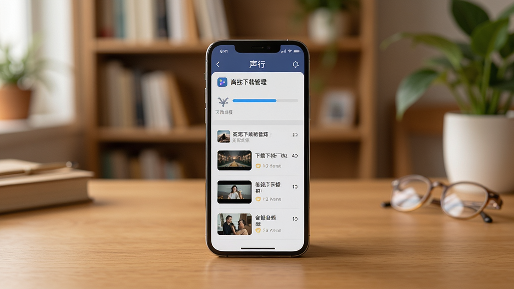 一部手机放置在木质桌面上,手机屏幕显示“声行”应用的离线下载管理页面,页面中有下载进度条和已下载音频列表,背景为温馨的书房环境,有书架和绿植点缀,风格生活化,排版自然,细节丰富,画质干净,无多余元素
