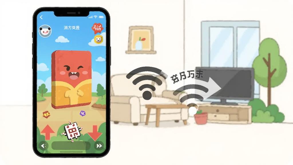 消方块红包极速版离线模式示意图,画面中手机屏幕显示游戏界面,旁边有一个断开的WiFi图标但游戏仍正常运行,背景是居家或户外场景的简笔插画,风格为扁平化信息图,细节上突出离线可用标识,画质干净,无多余装饰