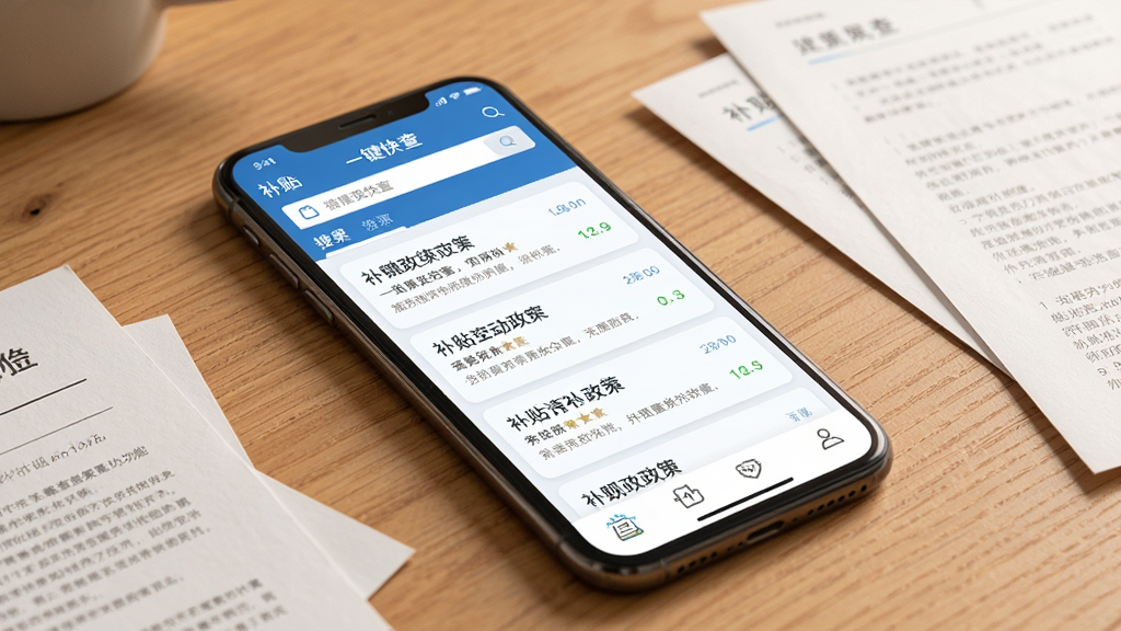 补贴一键快查信息聚合功能展示图,画面中一部手机放置在桌面上,屏幕显示补贴一键快查的搜索结果页面,列表展示了多条补贴政策条目,每条包含标题和简要说明,手机旁边散落着几张纸质文件作为点缀,整体色调温暖,风格写实,画质清晰,干净无多余元素