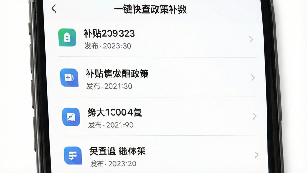 补贴一键快查政策资讯页面,手机屏幕展示补贴一键快查的资讯列表,每条资讯带有小图标和发布日期,标题清晰可见,背景为纯白色,列表项之间有浅灰色分割线,整体排版整齐,风格清爽,画质清晰,干净无多余元素