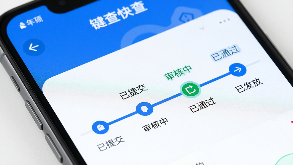 补贴一键快查发放进度查询界面,手机屏幕特写,显示补贴一键快查的进度追踪页面,页面中有状态时间轴,标注着已提交、审核中、已通过、已发放等节点,当前节点高亮显示,界面配色以蓝白为主,风格现代简洁,画质高清,干净无多余元素