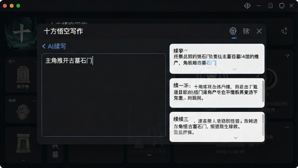 一张展示AI续写功能的界面截图,画面中央是“十方悟空写作”的AI续写面板,输入框内写着“主角推开古墓石门”,右侧弹出三段不同风格的续写文本,背景为深色护眼模式,界面布局清晰,风格科技感与文艺感结合,画质干净无多余元素