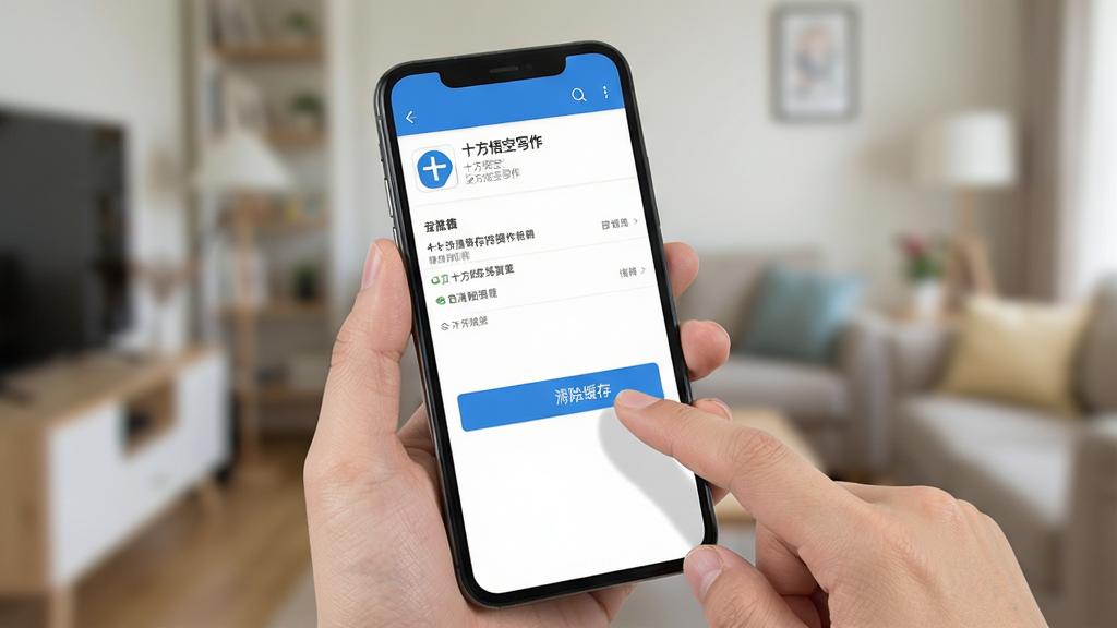 一张展示手机清理缓存操作的示意图,画面中一只手拿着手机,屏幕显示“十方悟空写作”应用信息页面,手指正点击“清除缓存”按钮,背景为模糊的室内环境,风格写实,画质清晰,干净无多余元素