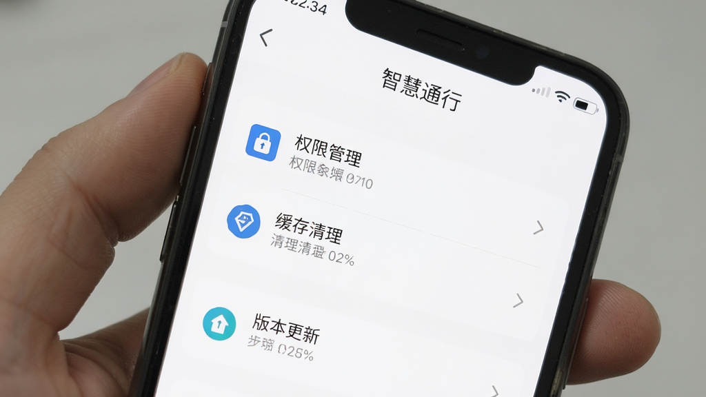 手机屏幕显示“智慧通行”设置页面,包含权限管理、缓存清理、版本更新等选项,界面布局清晰,图标简洁,背景为白色,整体风格干净利落,画质清晰,无多余元素