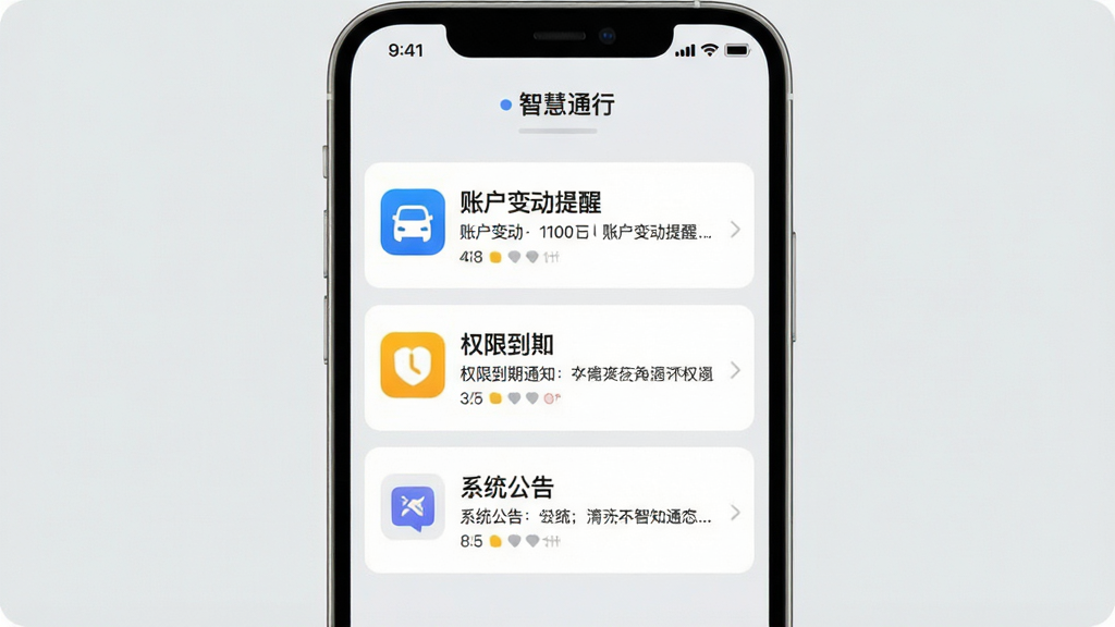 手机界面展示“智慧通行”消息通知中心,列表中有账户变动提醒、权限到期通知与系统公告,图标清晰,排版整齐,背景为浅灰色,整体风格清爽简约,画质干净,无多余元素