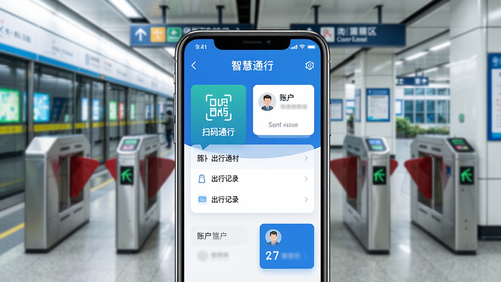 画面中央放置一部智能手机,手机屏幕上展示“智慧通行”应用主界面,界面包含扫码通行按钮、出行记录列表与账户信息卡片,背景为城市地铁站与园区闸机场景,整体采用扁平化科技风格,蓝白配色,细节清晰,光线明亮,画质干净,无多余元素