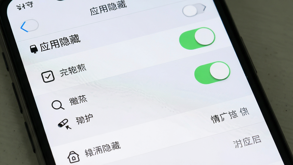 手机屏幕展示“应用隐藏”设置界面,多个开关按钮和权限选项排列整齐,布局为列表式设置项,风格为清新浅色,细节包括权限图标和“应用隐藏”标题文字,画质高清干净无多余元素