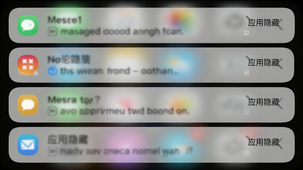 手机通知栏界面展示多条消息通知,通知内容被模糊处理并带有“应用隐藏”标识,布局为通知列表从上到下排列,风格为现代简约,细节包括通知图标和模糊遮罩效果,画质高清干净无多余元素