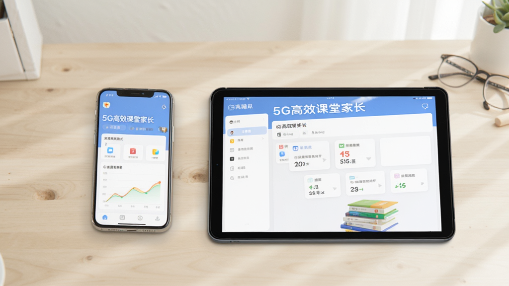 画面展示一部手机和一台平板并排摆放,两部设备屏幕上都显示“5G高效课堂家长”的家长端界面,界面内容略有不同以体现多设备适配,背景为简约的浅色桌面,风格干净清爽,画质清晰,无多余元素