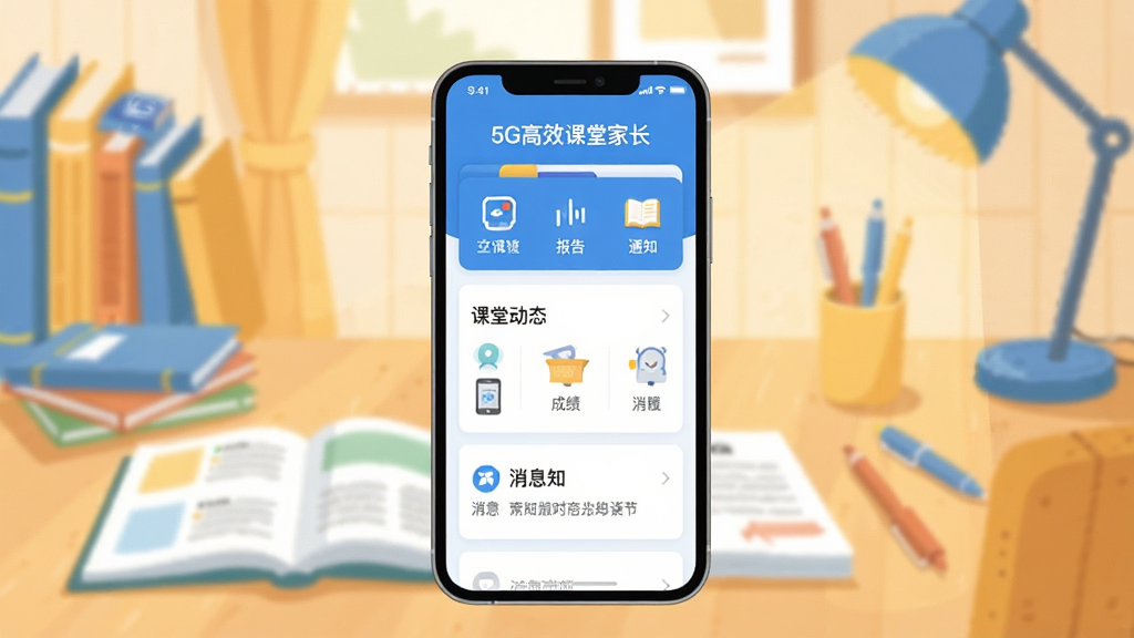 画面中央展示一部智能手机,屏幕上显示“5G高效课堂家长”应用界面,界面中包含课堂动态、成绩报告与消息通知等模块,背景为温馨的家庭书房环境,书桌上放着孩子的课本与文具,整体采用明亮清新的扁平化插画风格,色彩以蓝白为主,点缀暖黄色,画质清晰,干净整洁,无多余元素