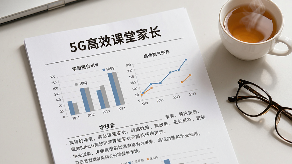 画面展示一份学业报告页面,顶部标注“5G高效课堂家长”,页面中包含柱状图、折线图和文字总结,背景为浅灰色桌面,旁边放着一杯茶和一副眼镜,整体风格温馨且专业,画质细腻,排版清晰,无多余装饰