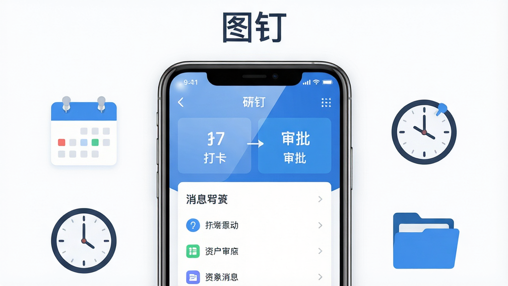 主体为一部智能手机,屏幕中展示图钉APP的办公界面,包含打卡、审批、消息列表等模块;布局为手机居中,周围环绕日历、时钟、文件夹等办公元素图标;排版简洁有序,上方留白放置软件名称“图钉”;风格为现代扁平化商务风,配色以蓝色和白色为主;细节上手机屏幕有轻微光泽,图标线条清晰;画质高清,干净,无多余元素