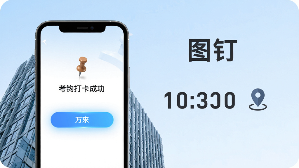 主体为手机屏幕显示图钉考勤打卡成功页面,背景为办公大楼;布局为手机居中偏左,右侧显示打卡时间与定位图标;排版简洁,上方写“图钉”二字;风格为清新商务风,浅蓝色渐变背景;细节上打卡按钮有微光效果,时间数字清晰;画质高清,干净,无多余元素