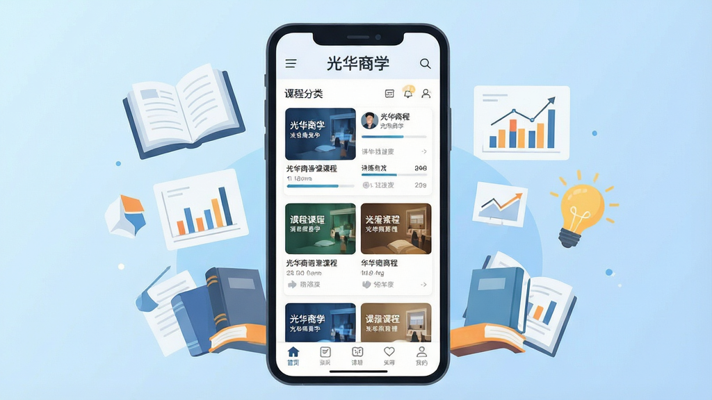 一幅展示光华商学App主界面的手机应用截图风格插画,画面中央是一部竖屏智能手机,屏幕内显示课程分类列表与推荐课程卡片,界面顶部有“光华商学”文字标识,手机周围环绕着书本、图表、灯泡等知识元素,背景为浅蓝色渐变,整体布局居中对称,风格现代简约扁平化,细节包括课程缩略图、进度条、导航栏图标,画质清晰干净,无多余元素