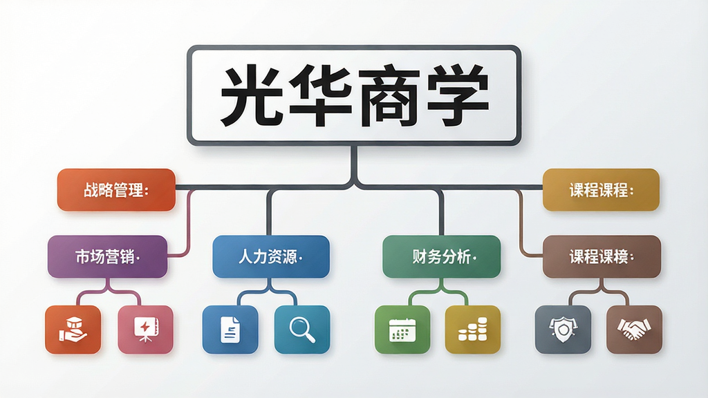 一幅展示光华商学课程体系结构的AI生成图片,画面中央是“光华商学”四个大字的标题牌,下方以树状图形式展开多个课程分类分支,包括战略管理、市场营销、人力资源、财务分析等,每个分支用不同颜色的圆角矩形卡片表示,卡片内带有小图标,背景为干净的白色到浅灰色渐变,整体布局清晰有序,风格商务简约,画质高清,无多余装饰元素