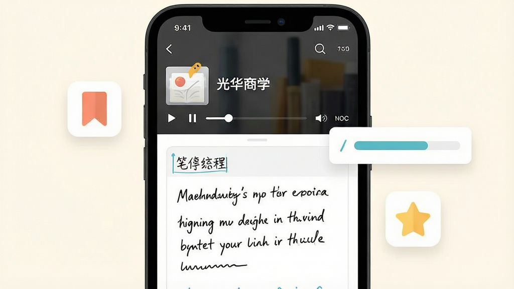 一幅展示光华商学App学习笔记与进度管理功能的AI生成图片,画面中央是一部手机屏幕特写,屏幕内显示课程播放界面与笔记输入框,笔记区域有手写风格的文字线条,屏幕旁边漂浮着书签图标、进度条和收藏星标,背景为柔和的米白色,整体布局简洁,风格清新扁平化,画质清晰,无多余元素