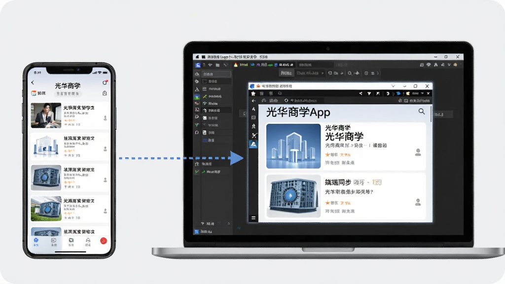 一幅展示光华商学App在手机与电脑模拟器上同时运行的场景插画,画面左侧是一部竖屏手机显示课程列表,右侧是一台笔记本电脑屏幕内显示安卓模拟器窗口同样运行着光华商学界面,中间用虚线箭头连接表示多端同步,背景为简洁的浅灰色,整体布局左右对称,风格科技商务,画质清晰,无多余元素
