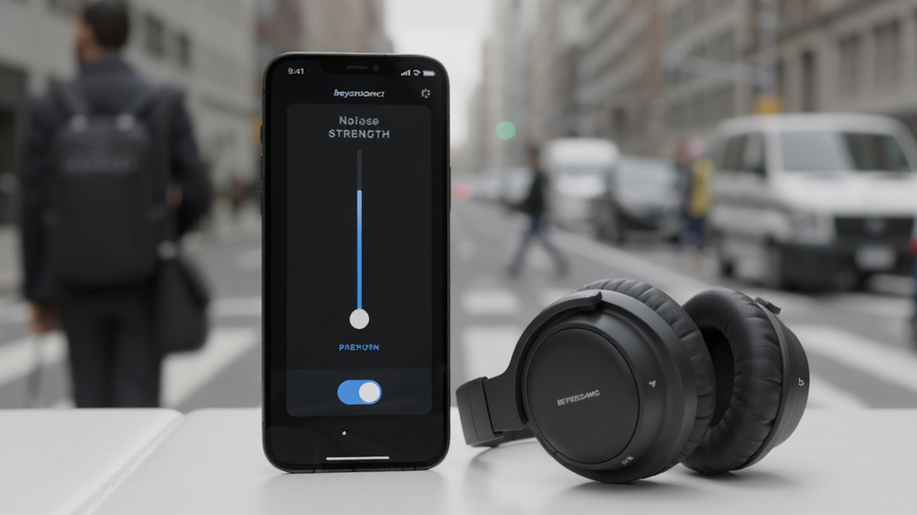 一张表现 beyerdynamic 应用降噪控制界面的图片,手机屏幕上显示降噪强度滑块与通透模式开关,背景为城市通勤场景虚化,耳机放置在手机旁,整体风格简洁现代,画质清晰,干净,无多余元素