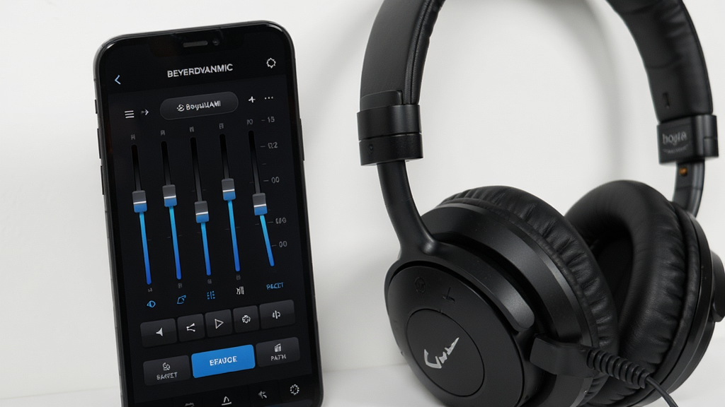 画面展示 beyerdynamic 应用中的均衡器调节页面,手机屏幕上有多个频段滑块与预设音效按钮,界面配色为深色主题,屏幕旁边放置一副拜雅耳机,背景干净整洁,风格为数码产品特写,画质高清,细节丰富,无多余元素
