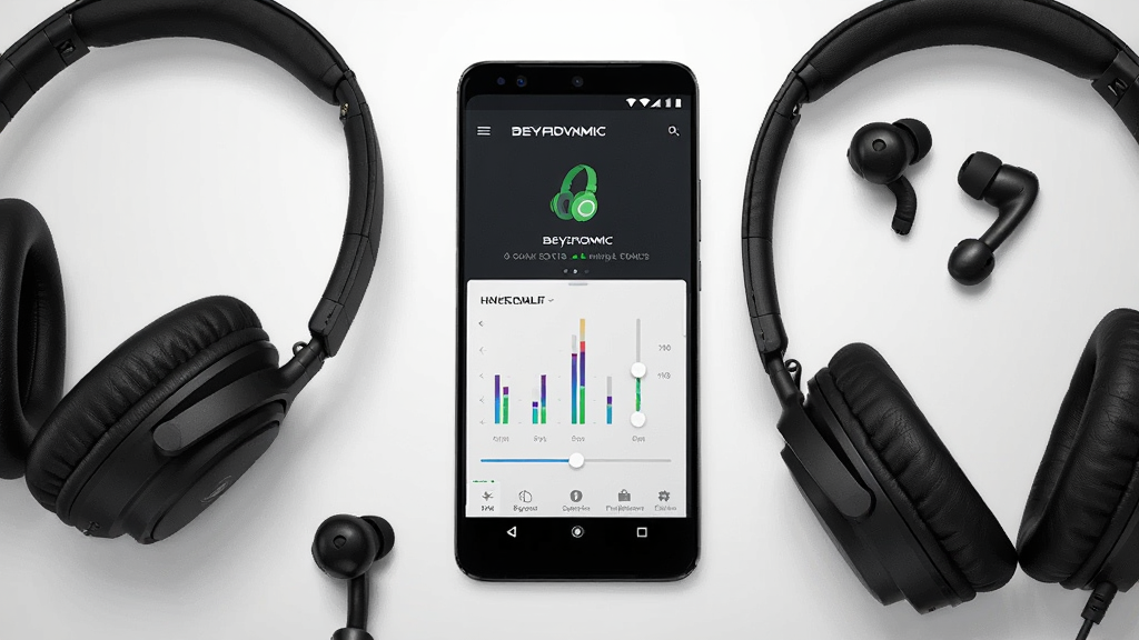 画面中央展示一部安卓手机,手机屏幕上显示 beyerdynamic 应用主界面,界面中有耳机连接状态与均衡器调节滑块,手机周围环绕拜雅头戴式耳机与入耳式耳机各一副,背景为简洁的浅灰色渐变,整体风格为现代科技产品展示风,细节清晰,光影柔和,画质高清,干净,无多余元素