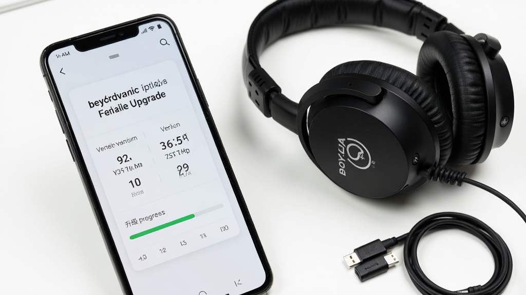 画面展示 beyerdynamic 应用固件升级提示页面,手机屏幕上有版本号对比与升级进度条,界面风格为浅色卡片式设计,旁边摆放拜雅耳机与充电线,背景干净,画质高清,无多余元素