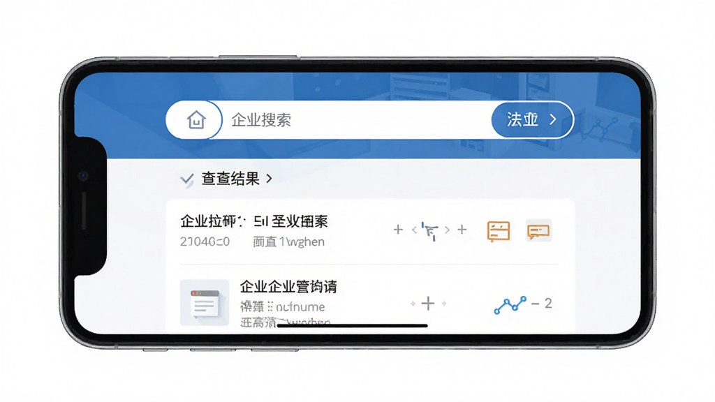 企业信息一键查软件主界面展示,手机屏幕居中,界面显示企业搜索框和查询结果列表,蓝色商务风格,扁平化设计,布局简洁清晰,白色背景,干净无多余元素,高清画质