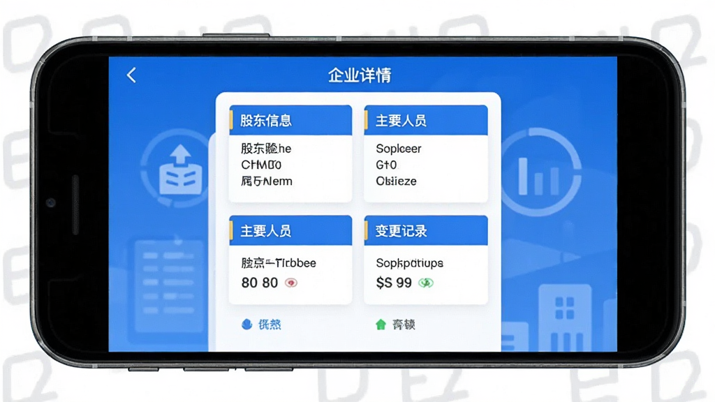 企业信息一键查软件功能界面,手机屏幕显示企业详情页,包含股东信息、主要人员、变更记录等模块,蓝色和白色配色,卡片式布局,清晰易读,扁平化风格,高清画质,干净无多余元素